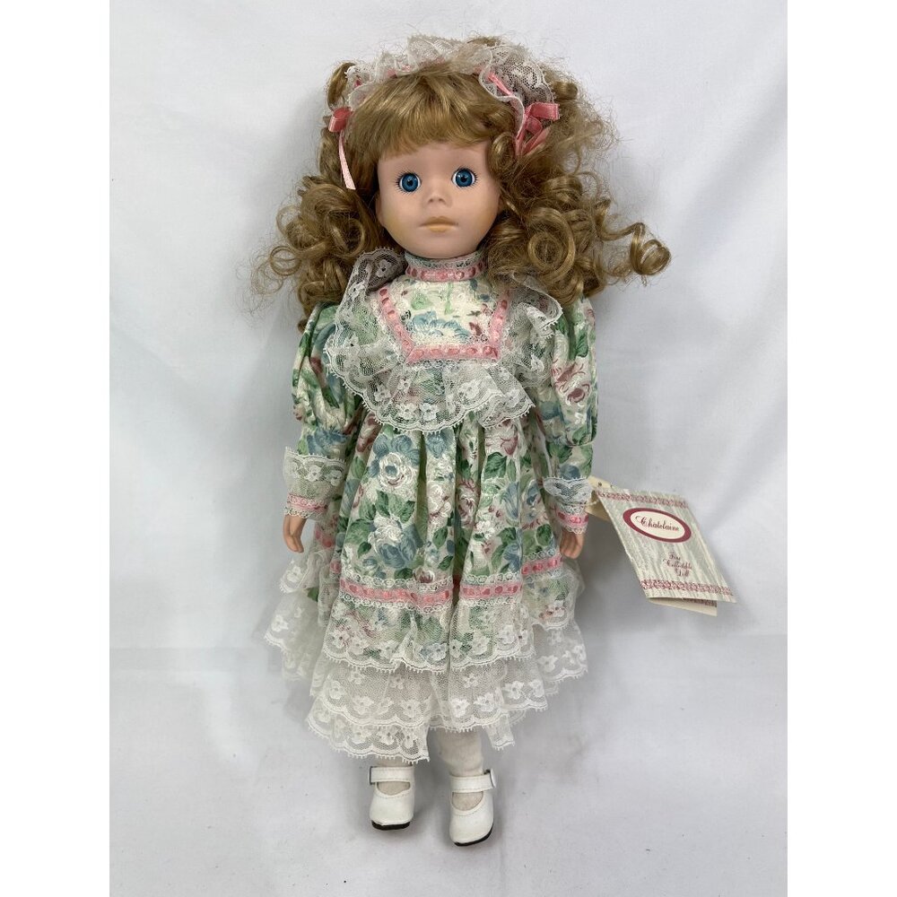 Chatelaine Collection Porcelain Doll 16" Floral Dress Brown Hair Toy Vintage 2